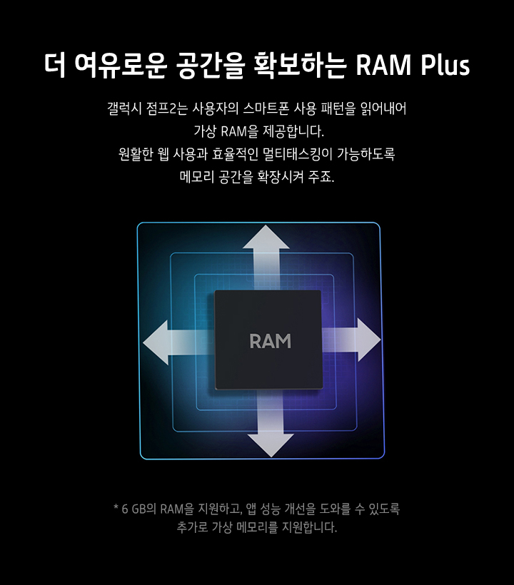  더 여유로운 공간을 확보하는 RAM Plus 
갤럭시 점프2는 사용자의 스마트폰 사용 패턴을 읽어내어 가상 RAM을 제공합니다. 원활한 웹 사용과 효율적인 멀티태스킹이 가능하도록 메모리 공간을 확장시켜 주죠. * 6 GB의 RAM을 지원하고, 앱 성능 개선을 도와를 수 있도록 추가로 가상 메모리를 지원합니다. 